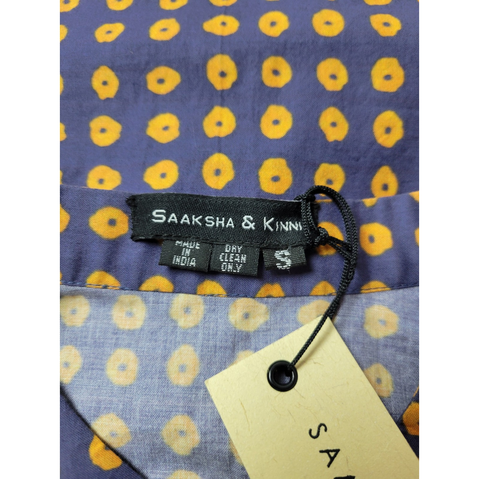Saaksha & Kinni Indigo Gold Polka Dot Mandarin Collar Button Down Shirt Blouse S — image 5 of 8